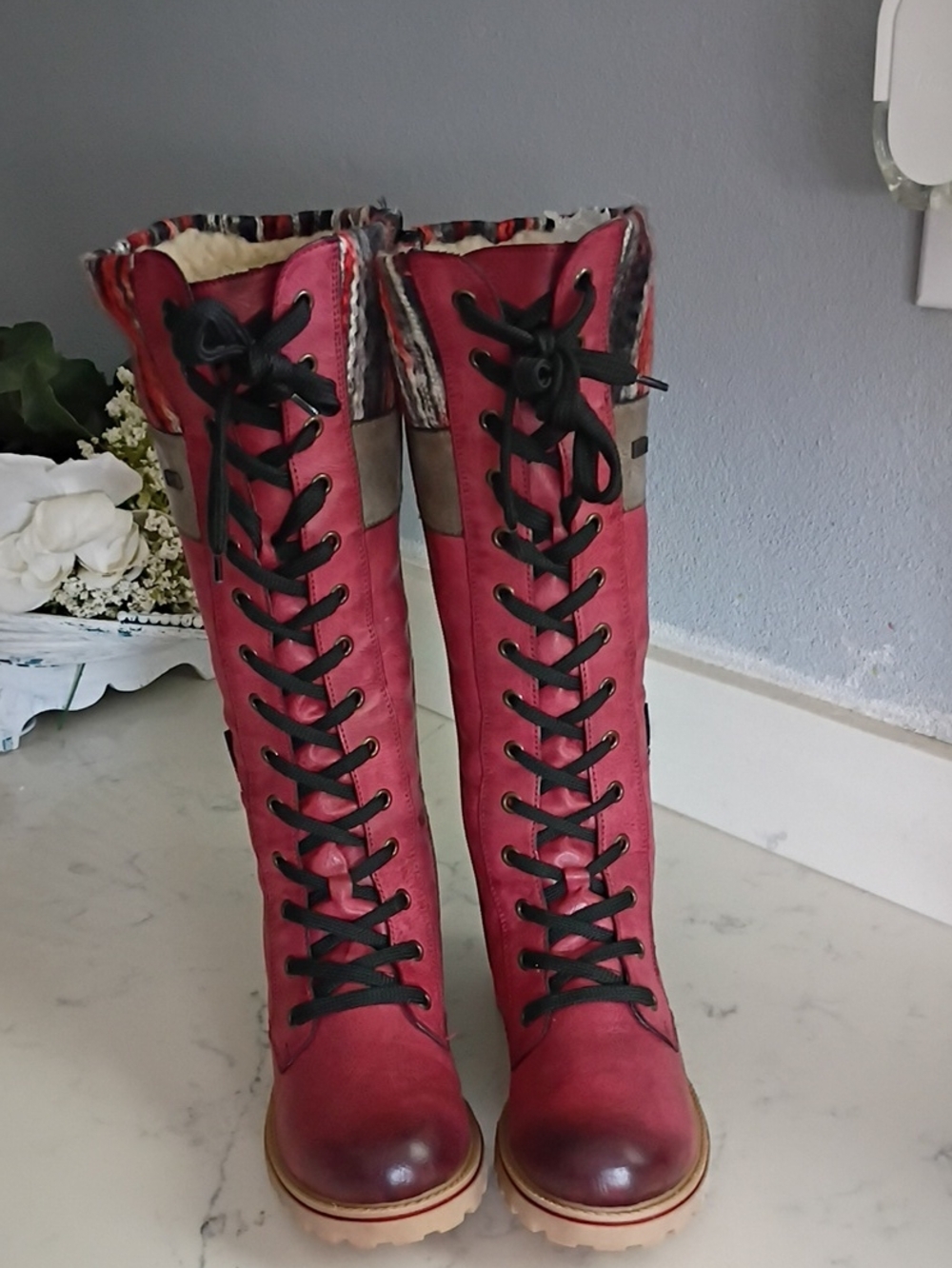 Rieker Red Lace-Up Knee-High Boots with Faux-Fur Trim
